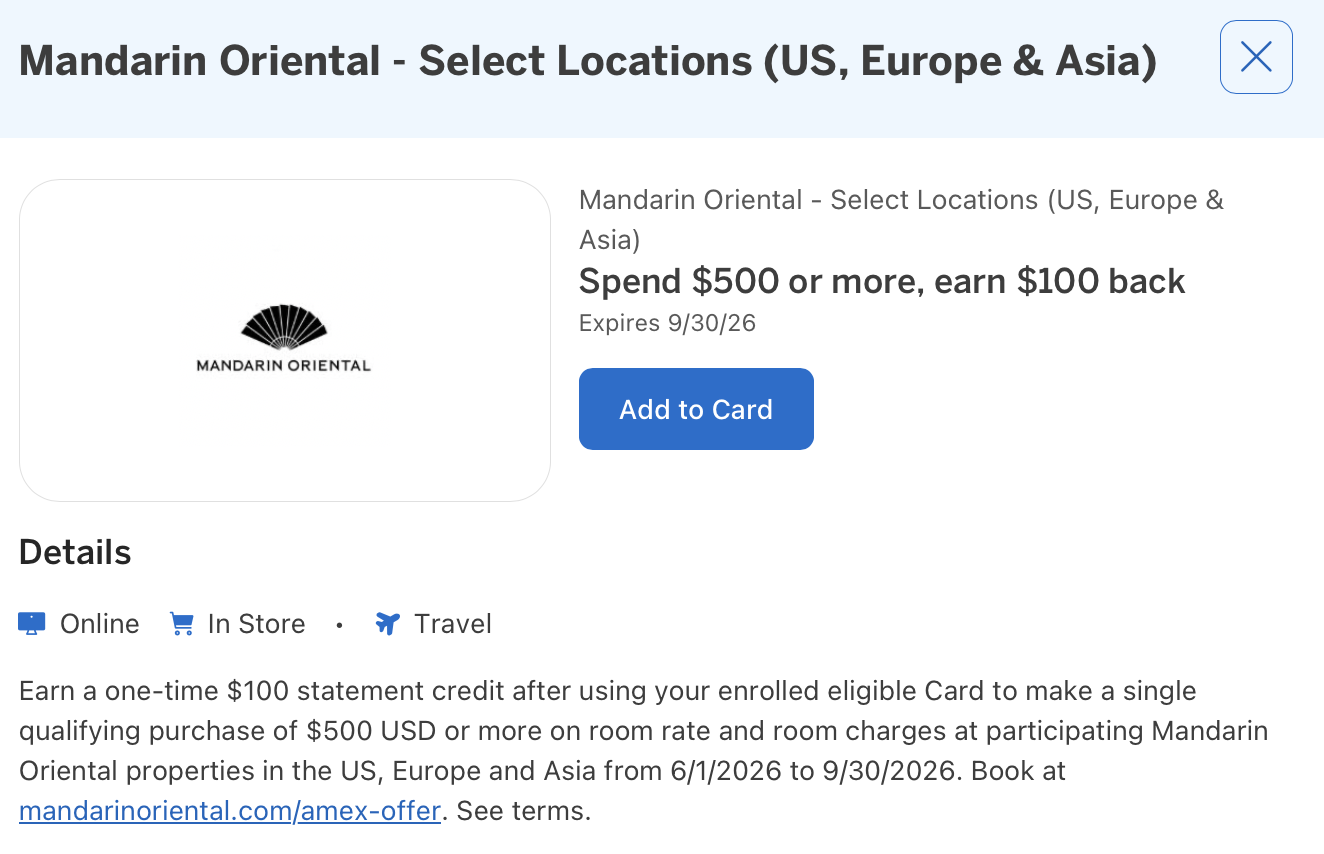 Amex Offer for Mandarin Oriental details