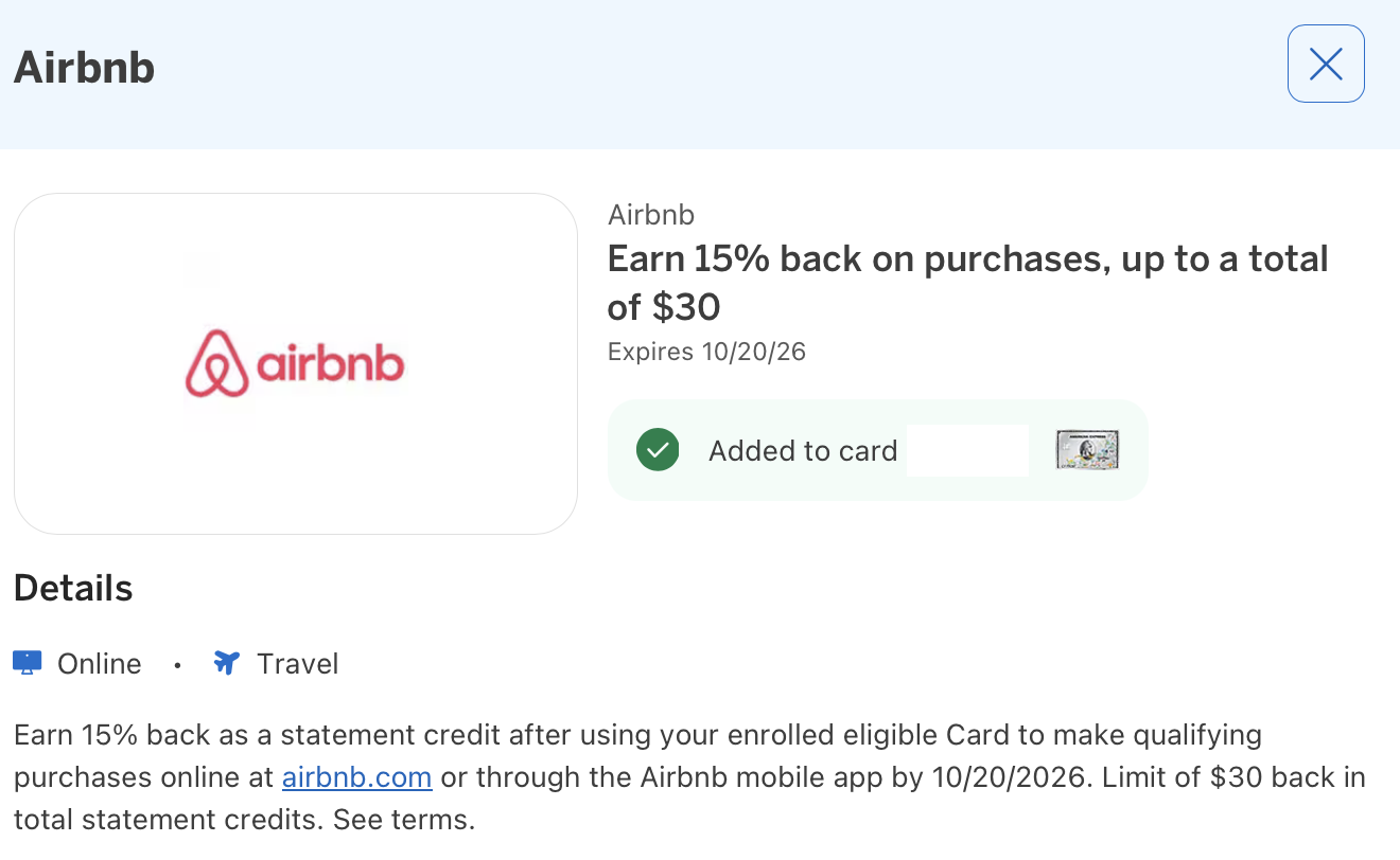 Amex Offer for Airbnb details