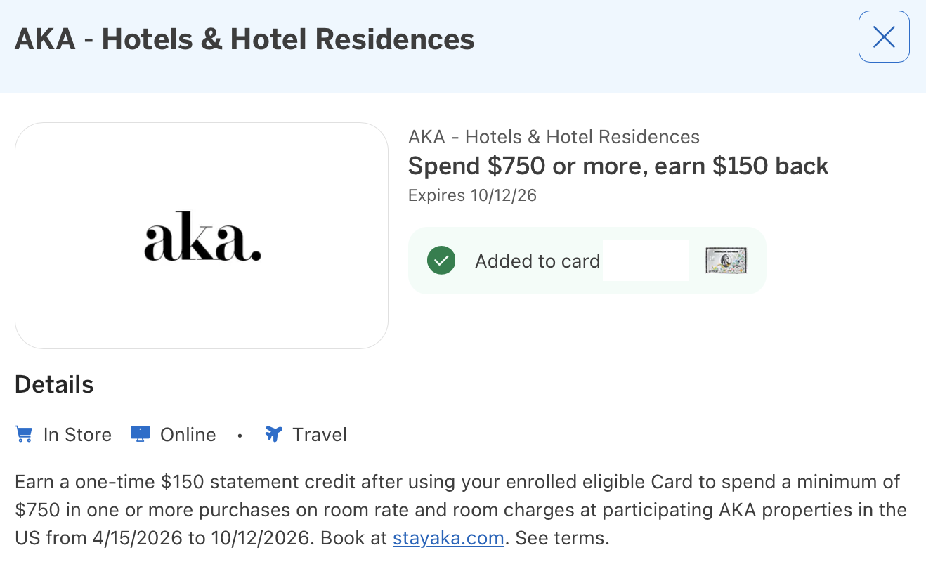 Amex Offer for AKA details
