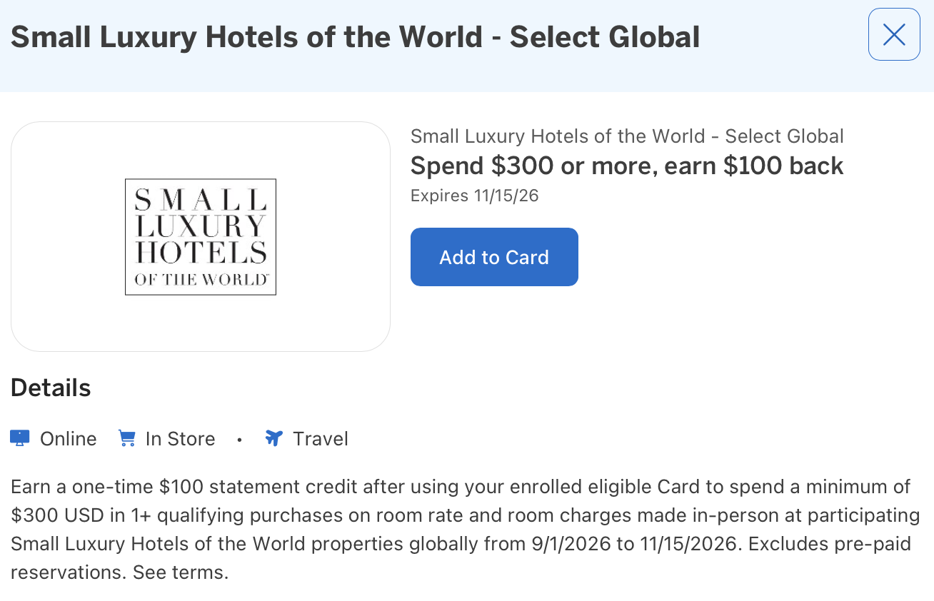 Amex Offer for Small Luxury Hotels of the World details