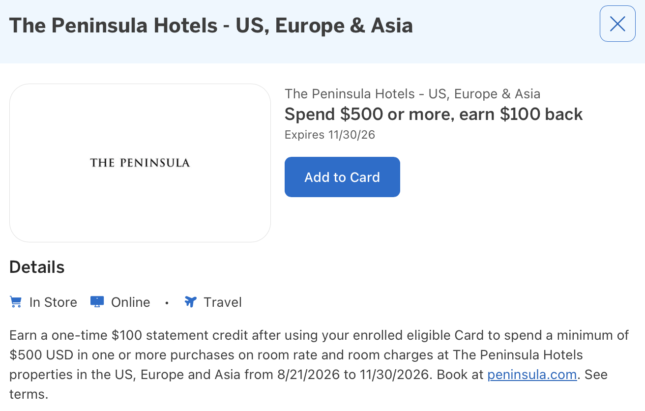 Amex Offer for The Peninsula Hotels details