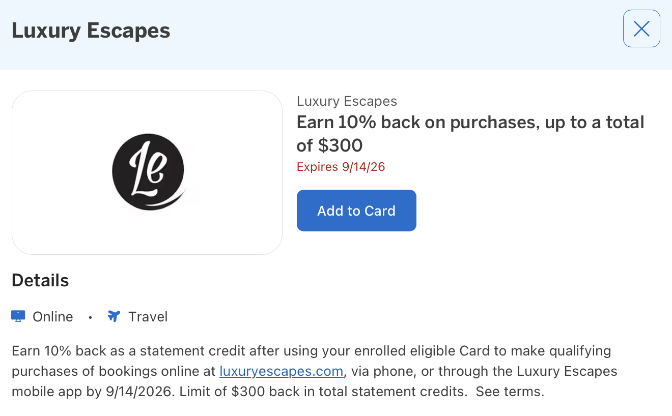Amex Offer for Luxury Escapes details