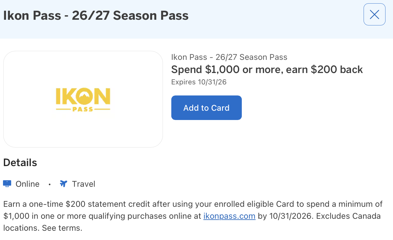 Amex Offer for Ikon Pass details