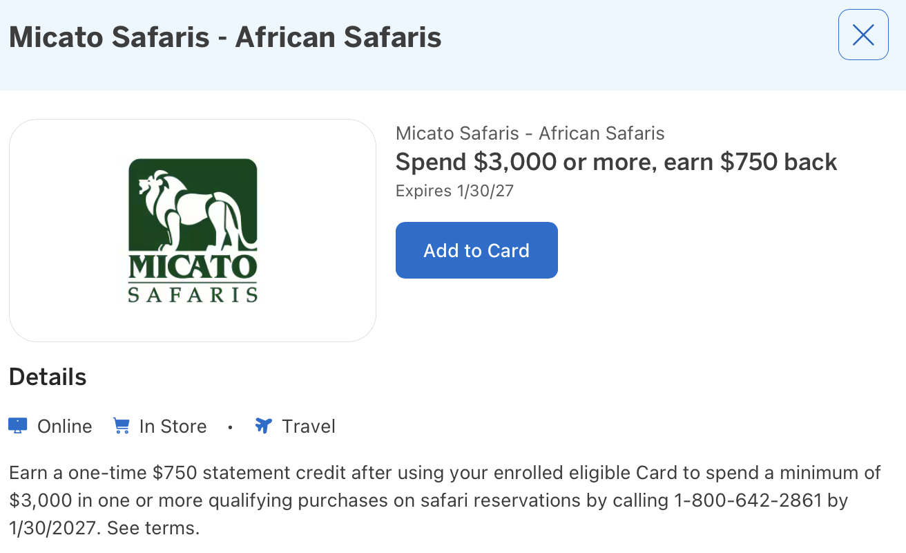 Amex Offer for Micato Safaris details