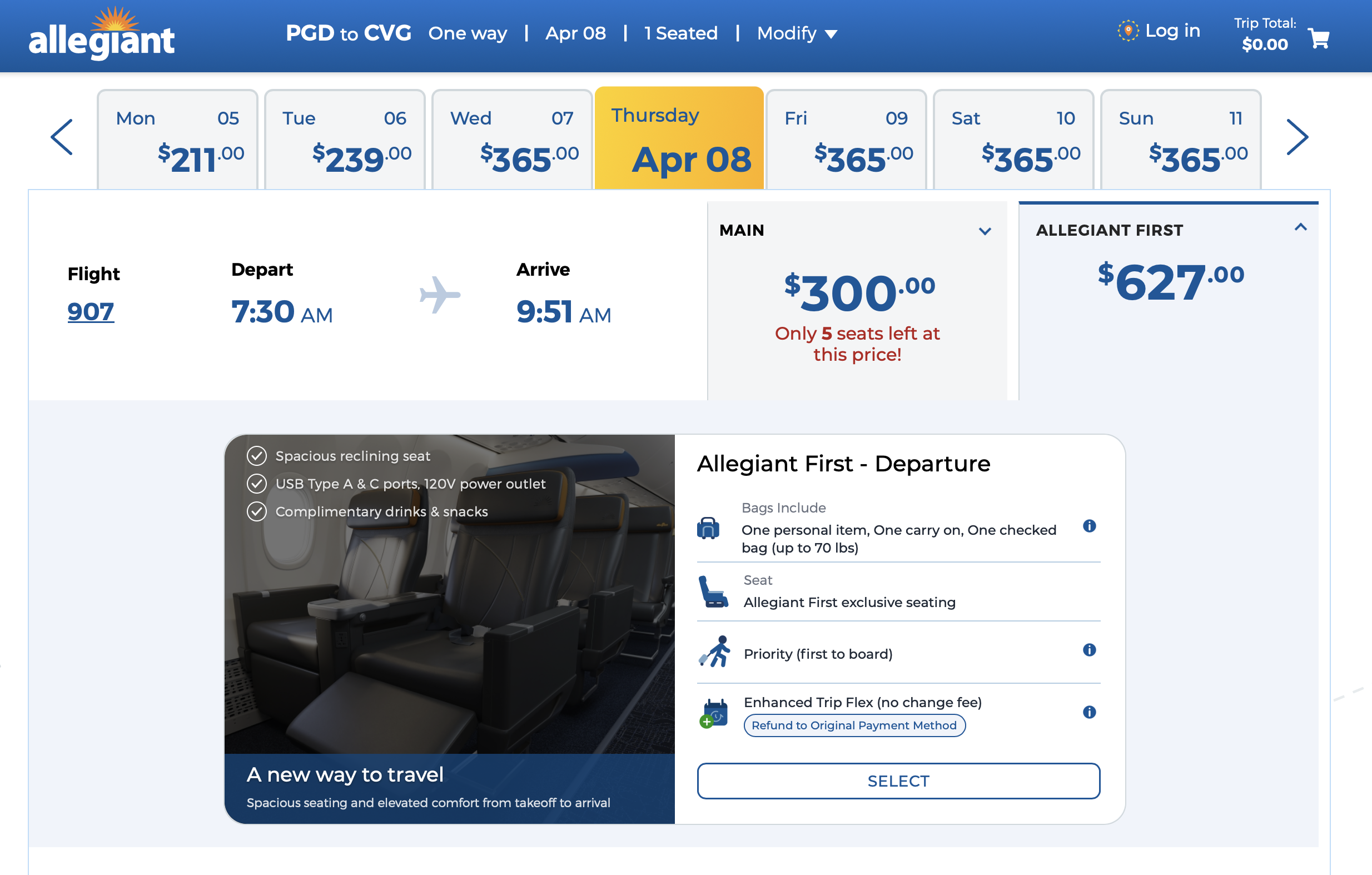 Allegiant search results from PGD to CVG showing Alegiant First