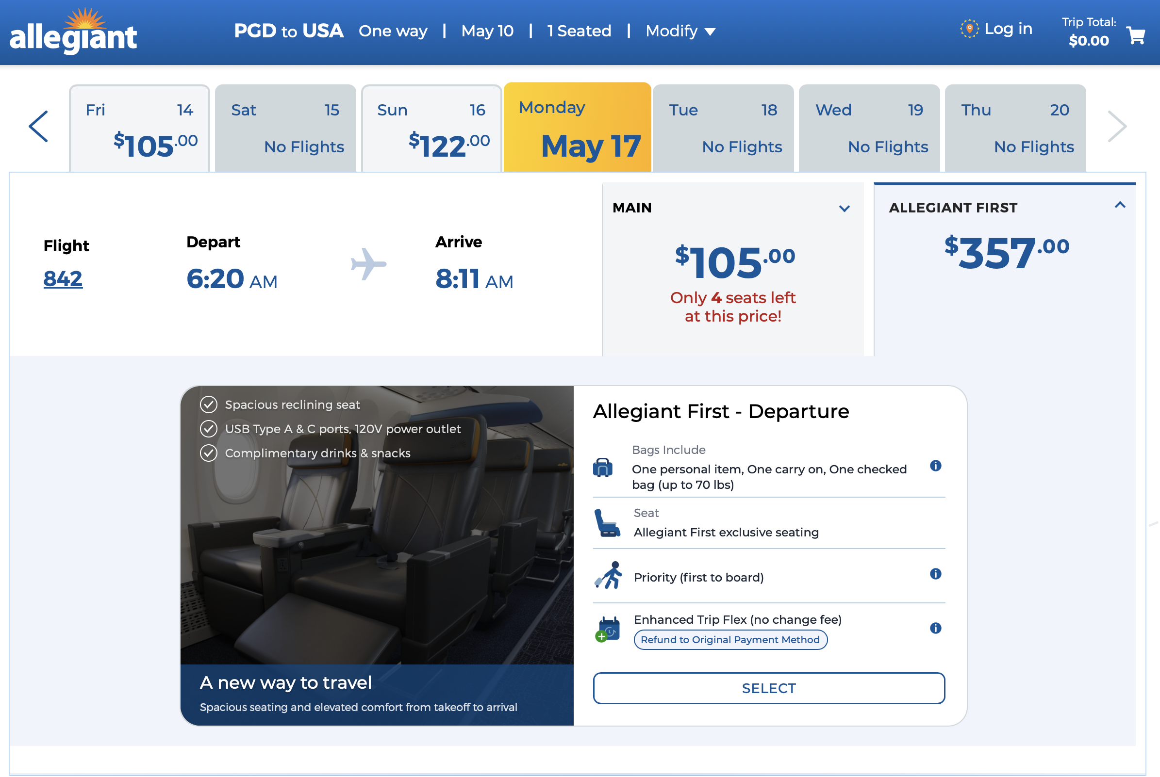 Allegiant search results for a flight from PGD to USA