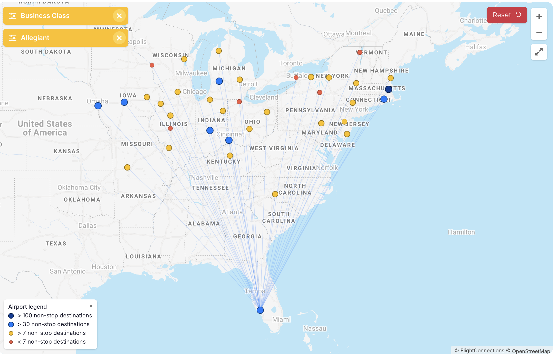 Allegiant route map that offers first class