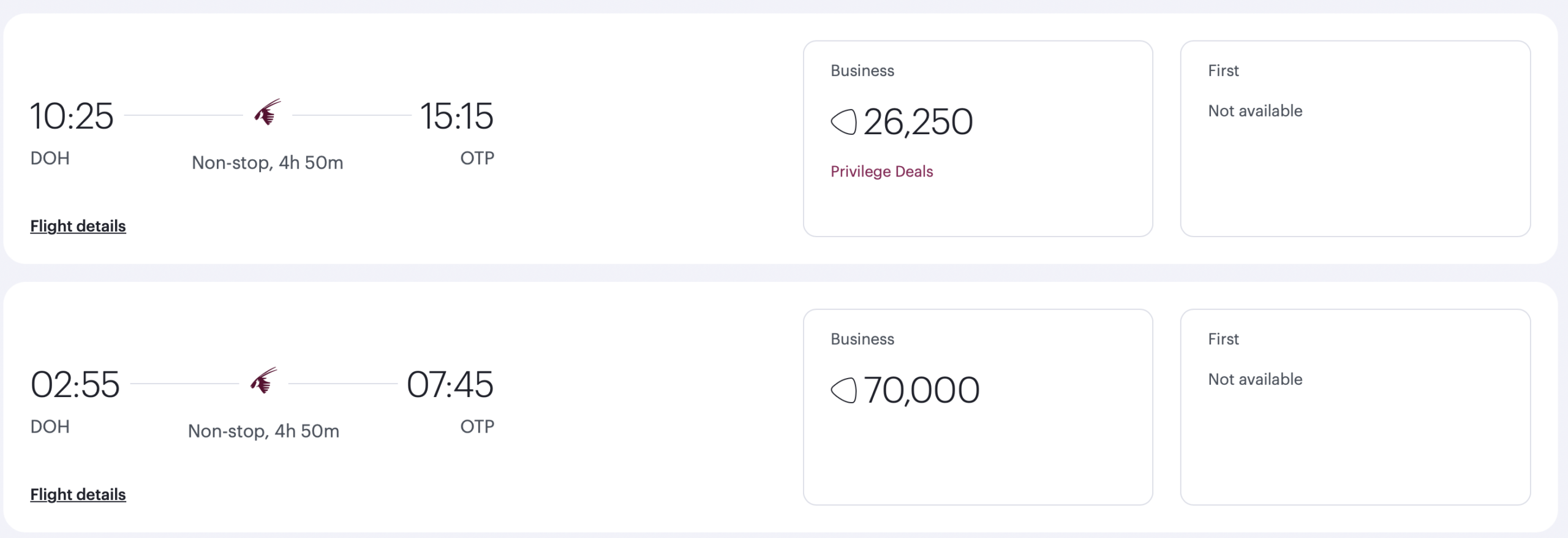 Qatar search results showing two flights from DOH to OTP, one of which is a Privilege Deal