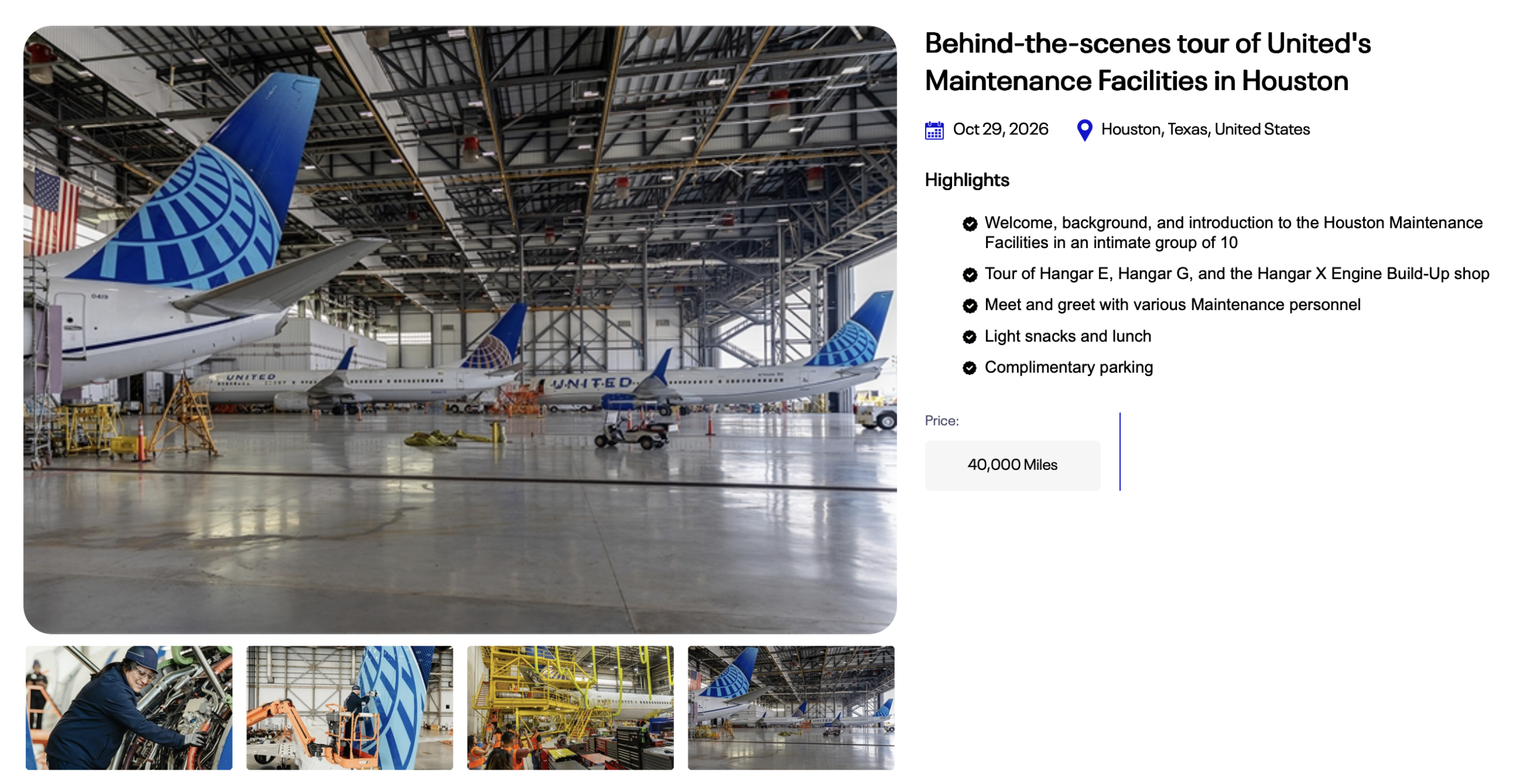 United MileagePlus experience for a tour of United's maintenance facilities in Houston