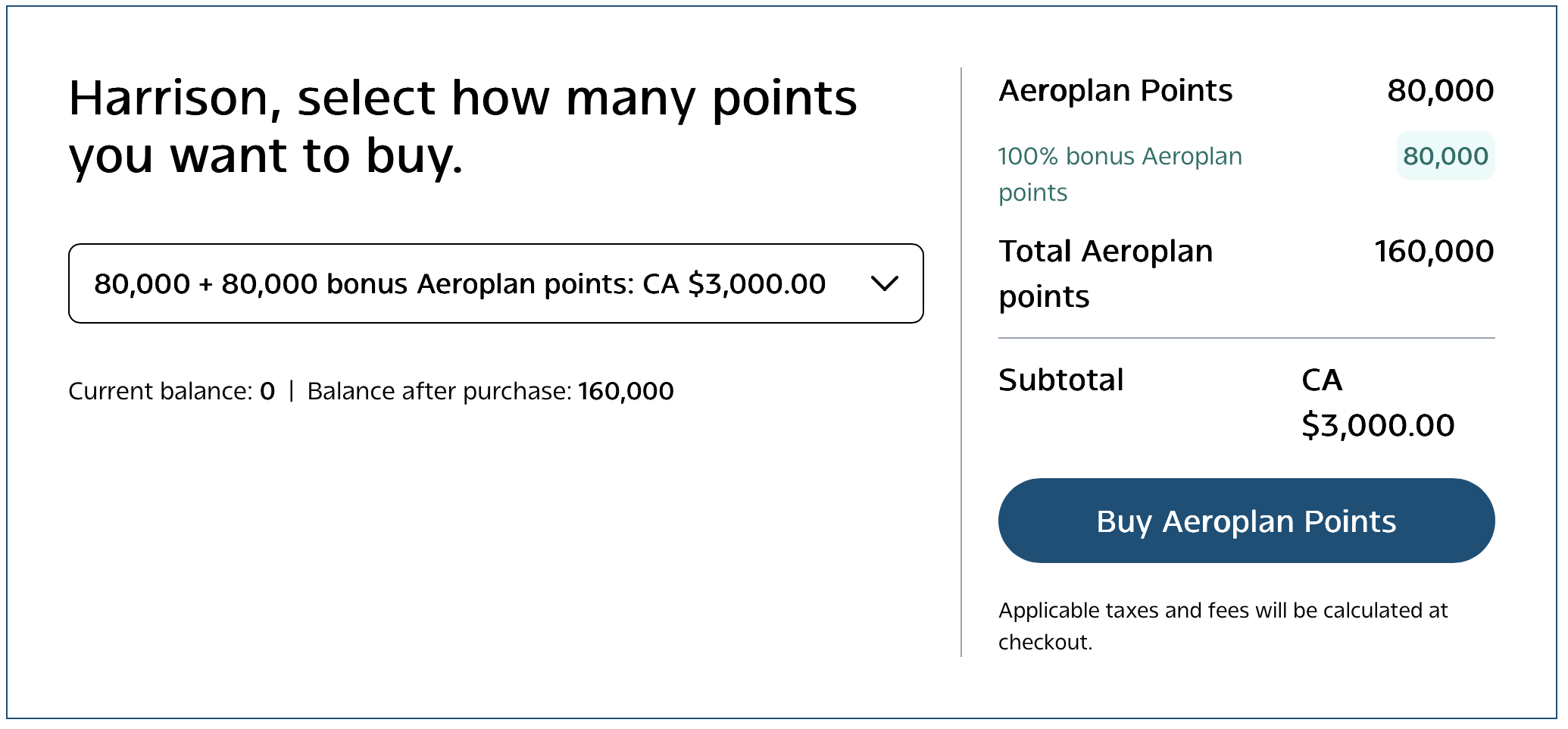 Example of buying Aeroplan points with a 100% bonus