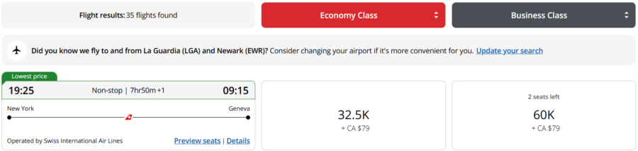 Swiss flight book on Air Canada