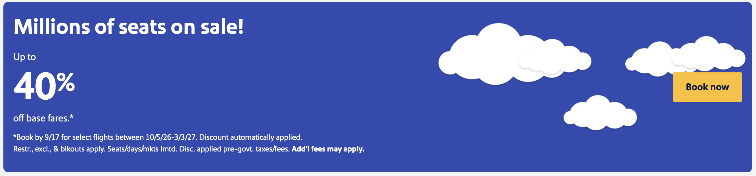 Southwest Week of Wow promotion for up to 40% off base fares