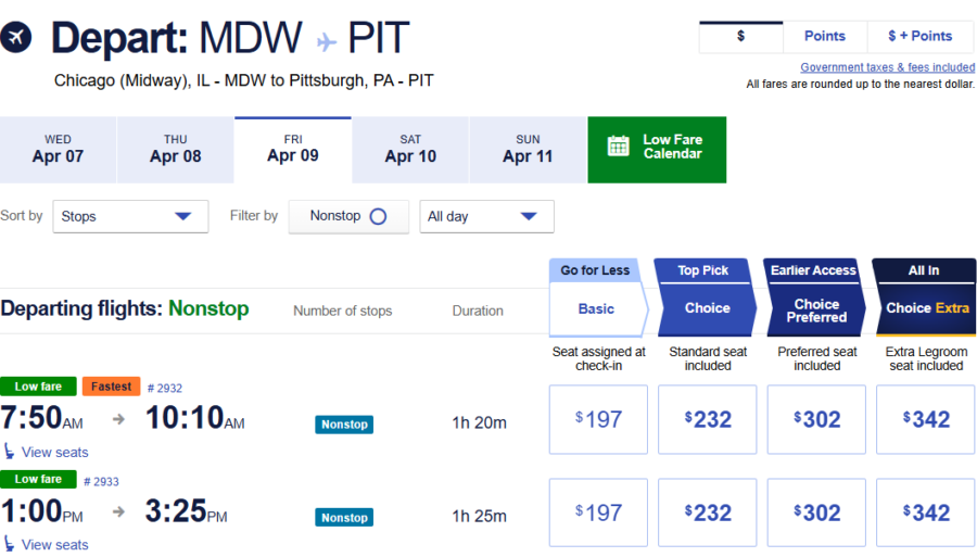 Chicago to Detroit search results on Southwest