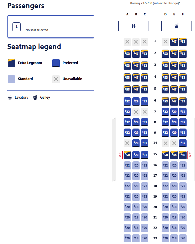 Seat map with prices for a flight from Chicago to Pittsburgh