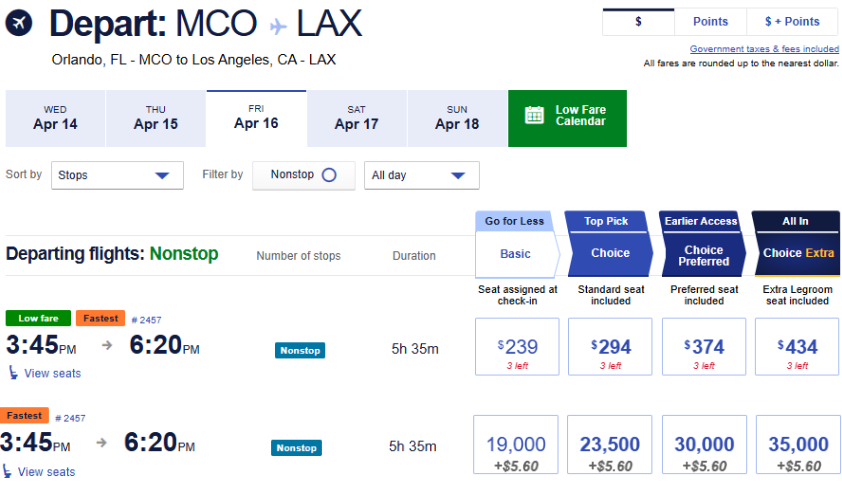 Search results on Southwest for flight from Orlando to Los Angeles