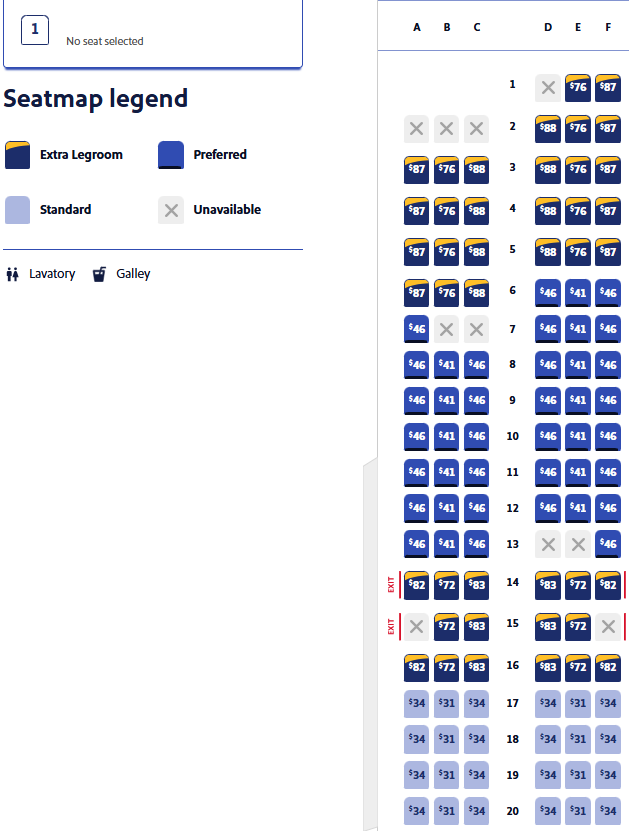 Seat map and prices for a Southwest flight from Orlando to Los Angeles. 