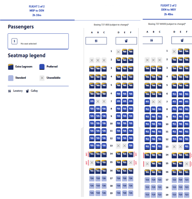 Minneapolis to New Orleans seat map and their respective prices.