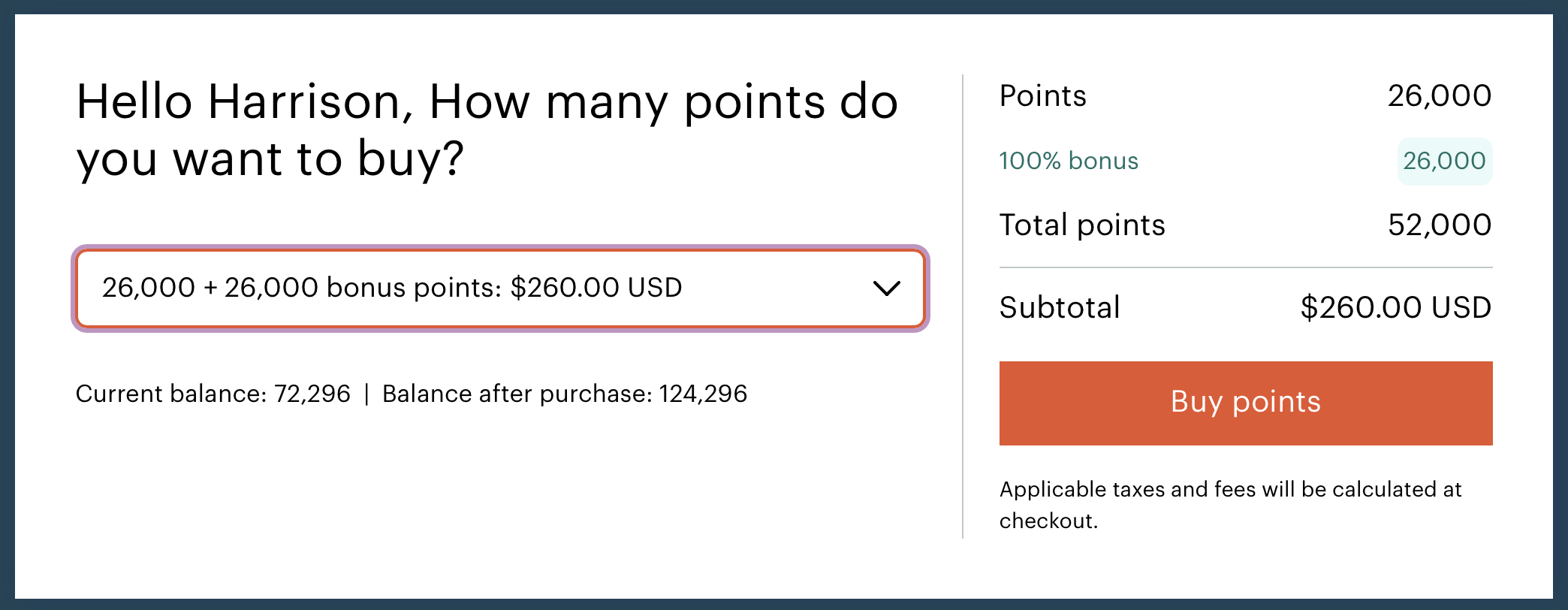 Example purchase of IHG One Rewards points with a 100% bonus during the current promotion