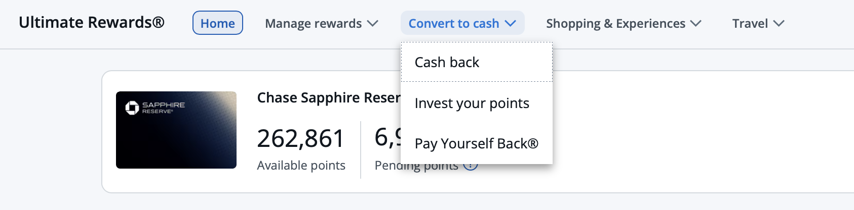 Chase Ultimate Rewards portal with "convert to cash" option displayed