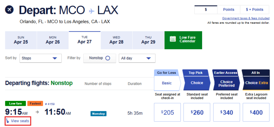 Southwest flight search results with the option to view seats outlined