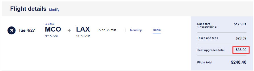 Southwest checkout screen with seat fees