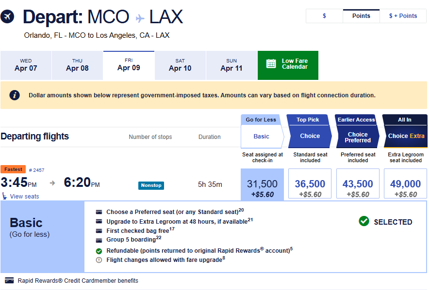 Southwest flight search results showing a Basic fare and the included credit card seating benefits.