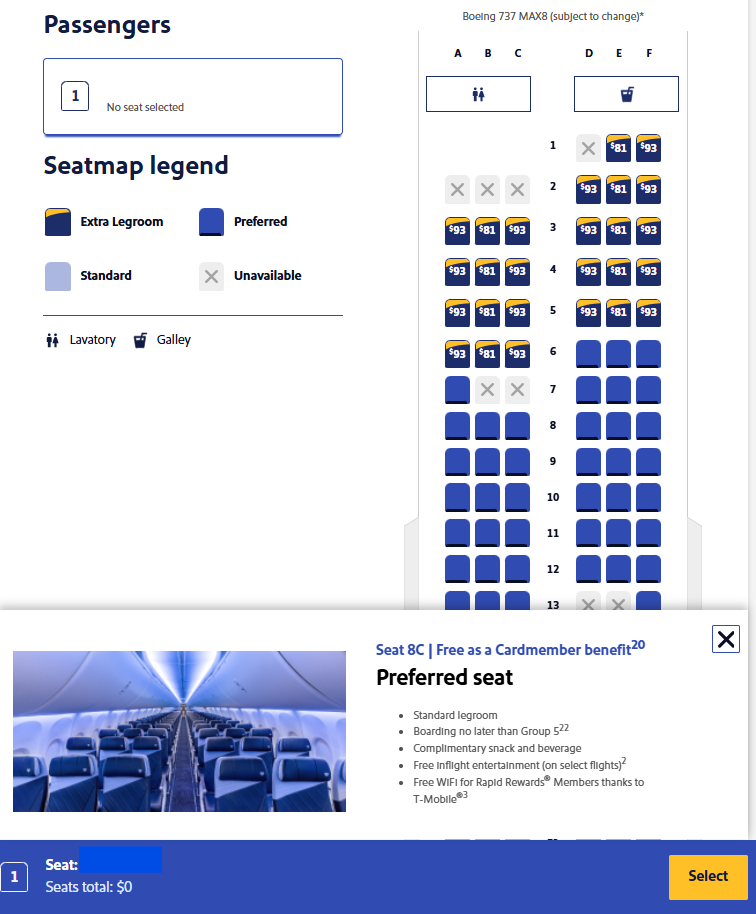 Southwest seat map showing a Preferred seat available at no cost with a credit card benefit