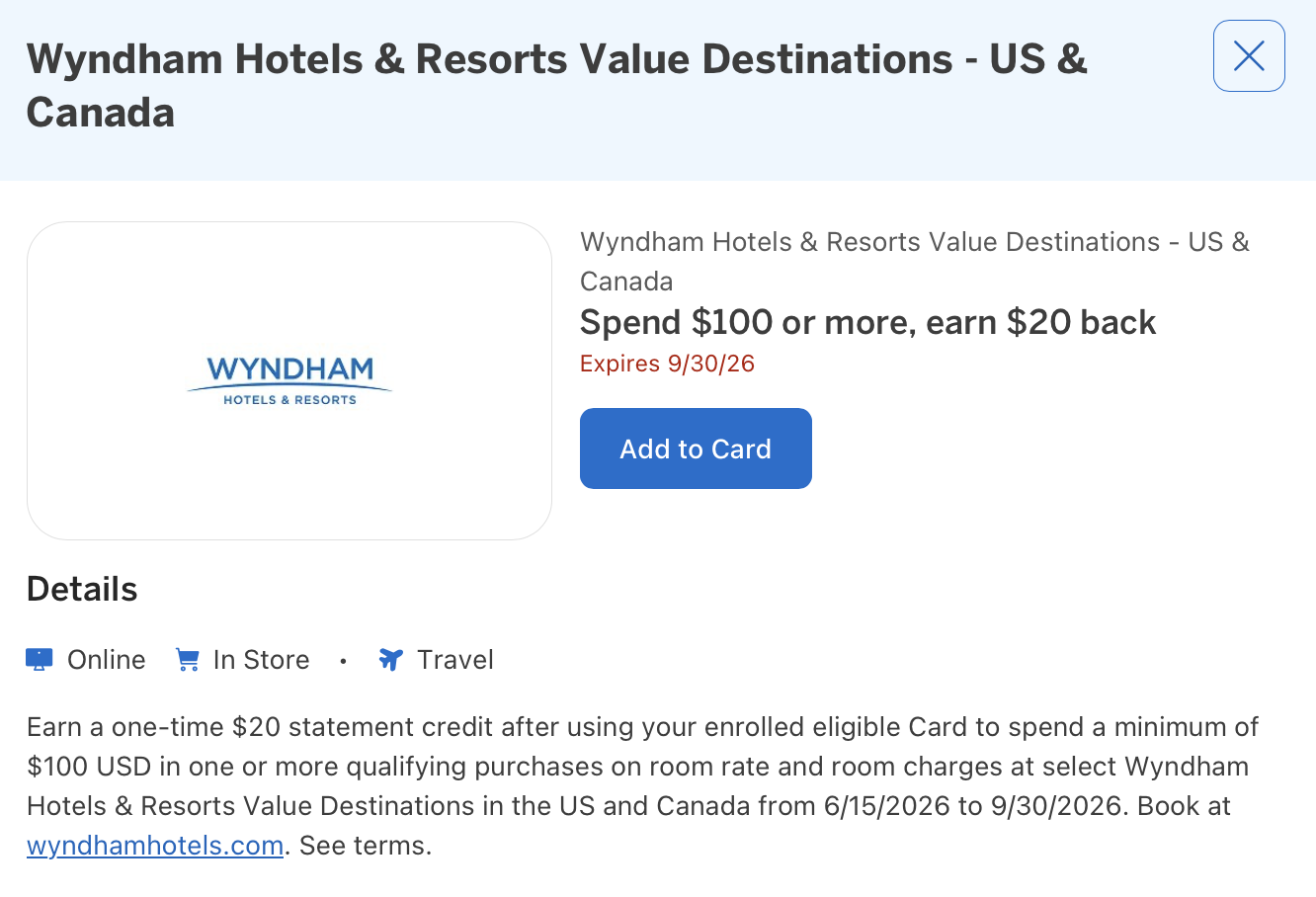 Details of Amex Offer for Wyndham value destinations