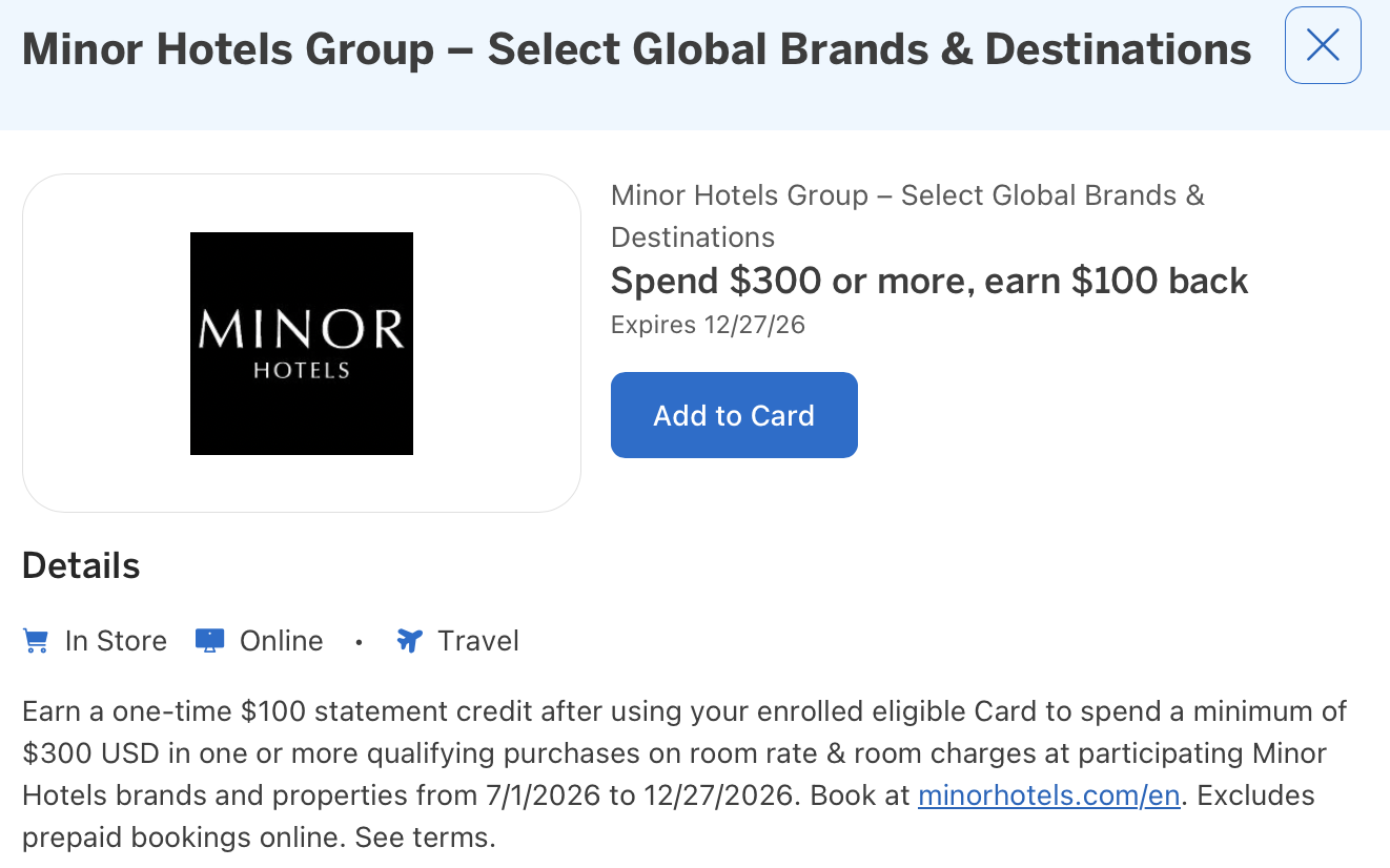 Details of Amex Offer for Minor Hotels Group