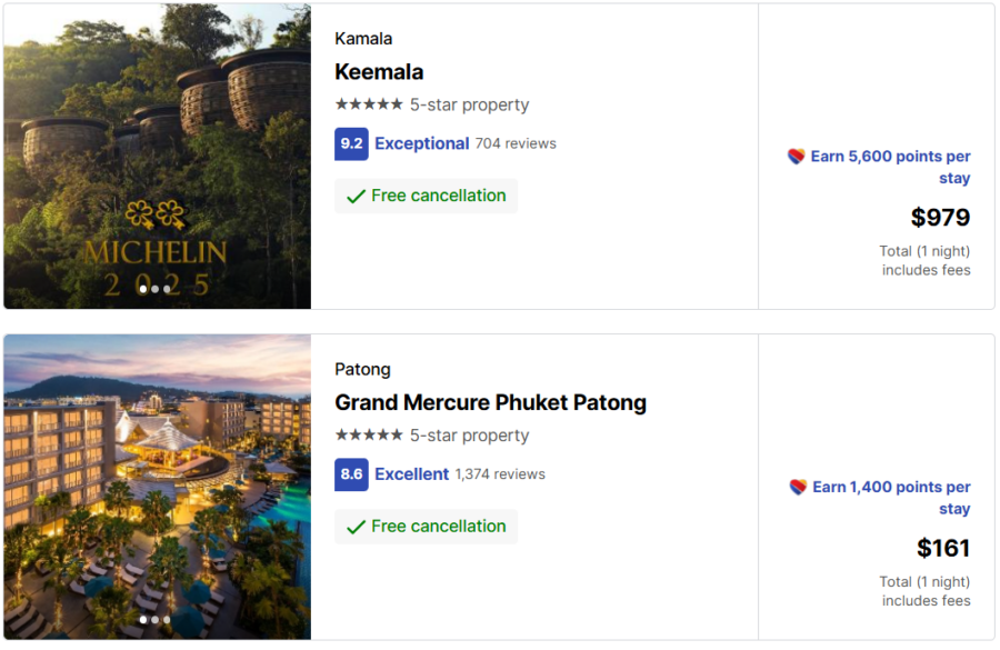 Southwest Airlines hotel search results showing two options, their prices, and how many points you would earn. 