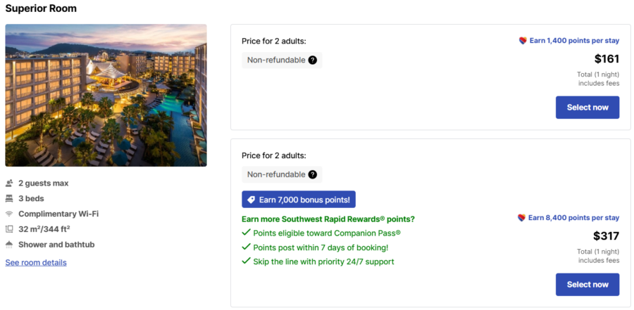 Southwest hotels search result for a Superior Room which shows the cost and points you can earn. 