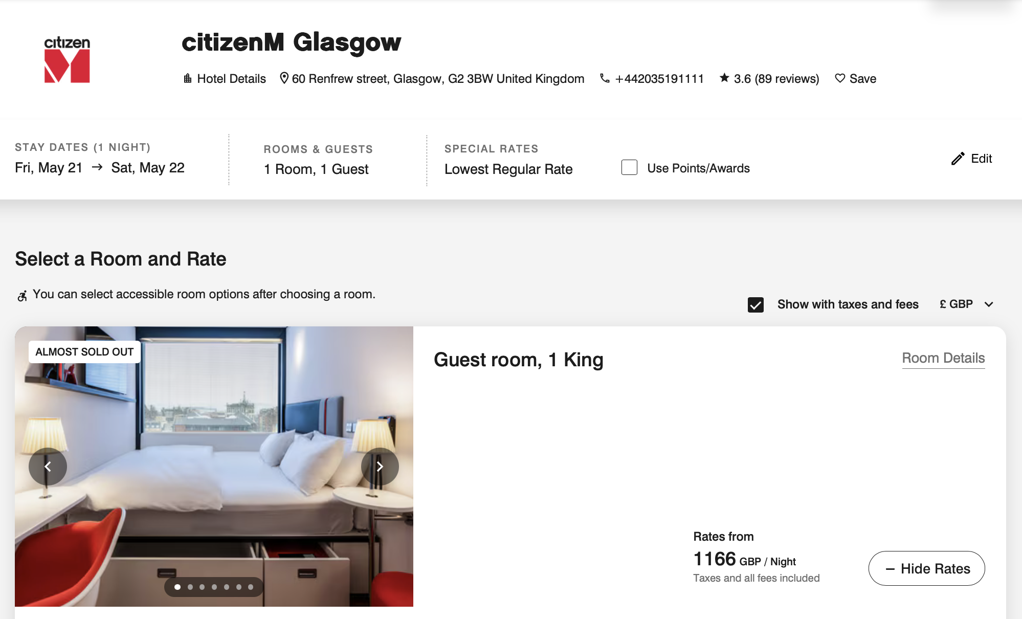 citizenM Glasgow room search results in May 2027