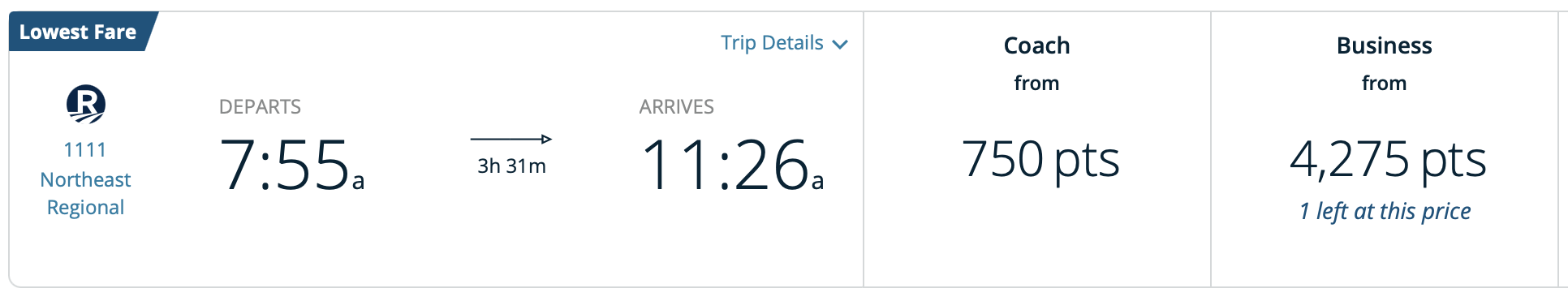 Amtrak search results for train from New York to Washington D.C. using points