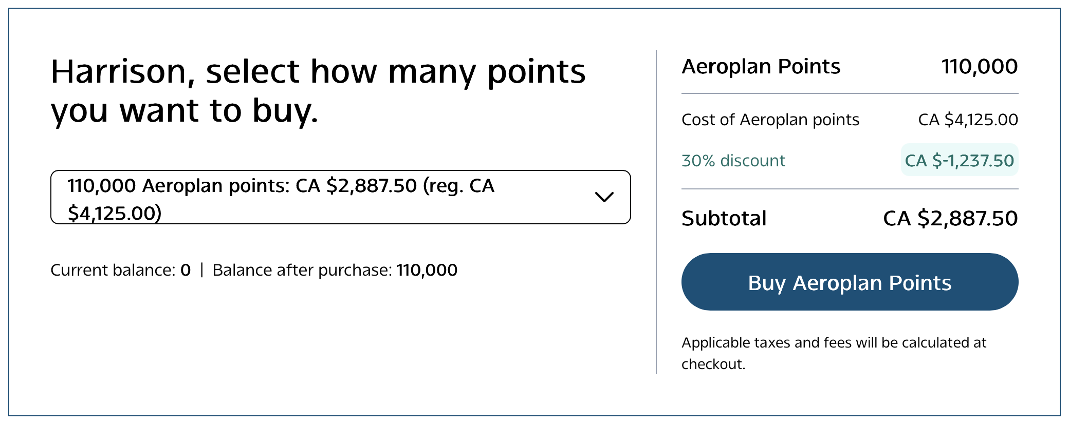 Example of buying Aeroplan points with a 30% discount