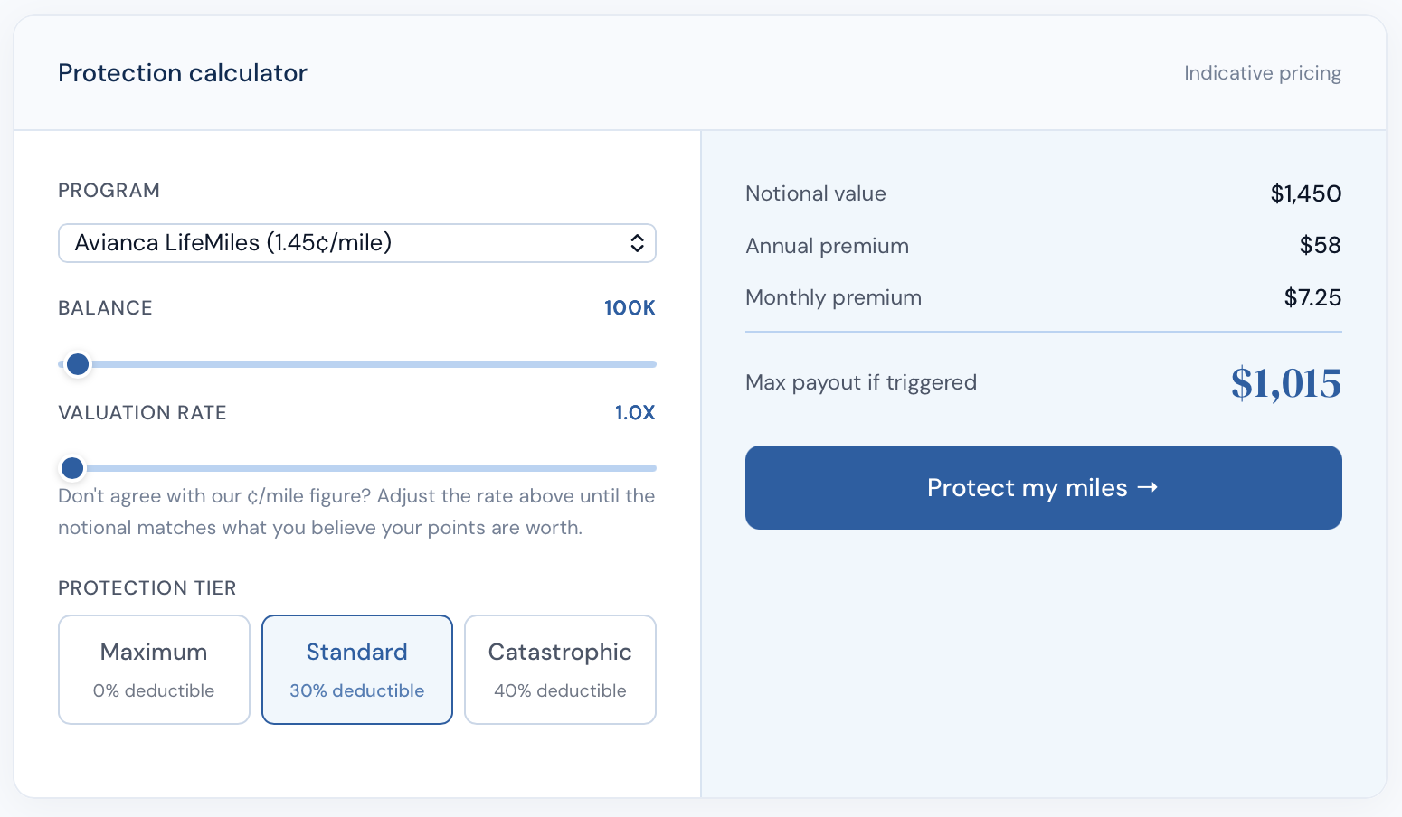 MileProtection calculator based on a 100K LifeMiles balance