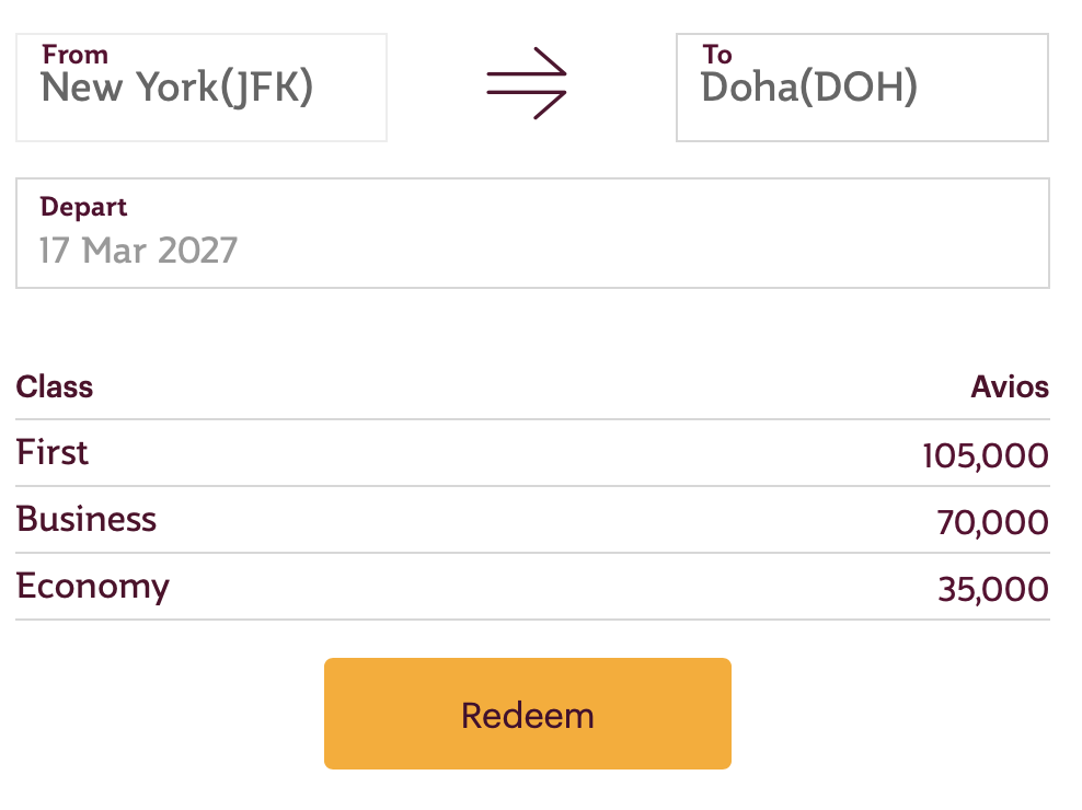 Qatar My Calculator showing JFK to DOH one-way award levels