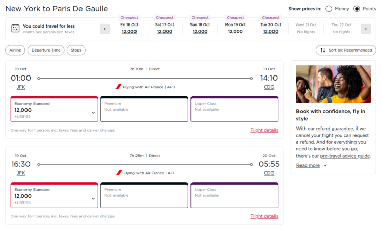 Screenshot of Virgin Atlantic award options from New York JFK to Paris CDG