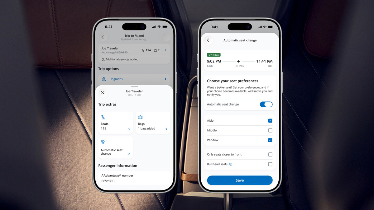 Examples of American's new seat monitoring feature on two iPhones