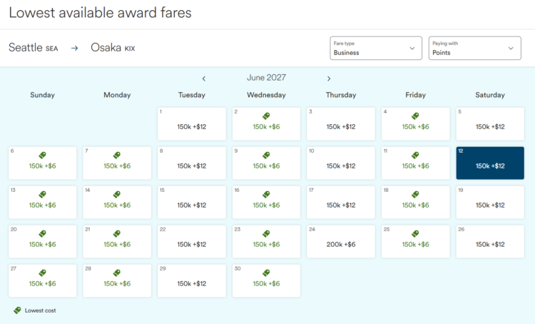 Alaska Airlines award availability from Seattle to Osaka