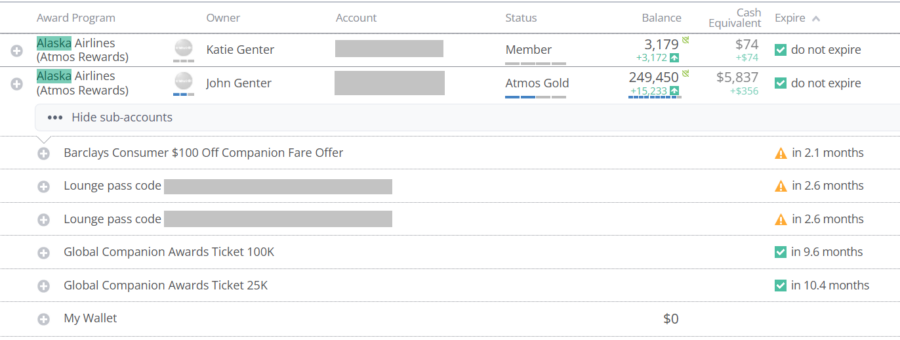 AwardWallet account dashboard showing Alaska Atmos Rewards accounts and subaccounts including lounge passes