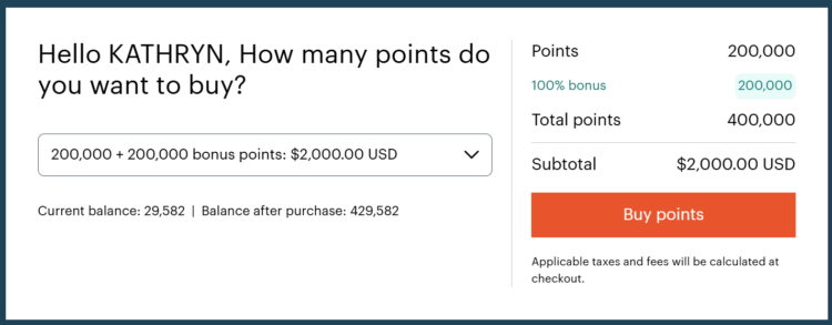 Example purchase of IHG One Rewards points with a 100% bonus during the current promotion