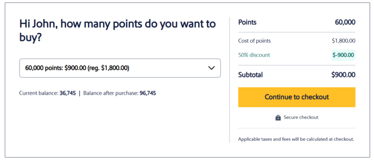 Example purchase of 60,000 Southwest points with a 50% discount