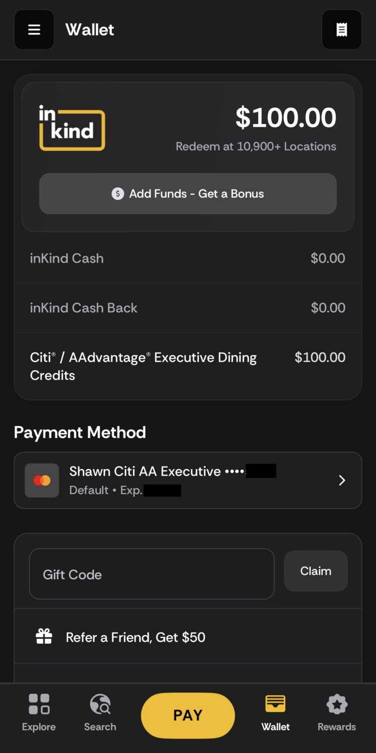 InKind app showing the $100 credit from the Citi AA Executive card.
