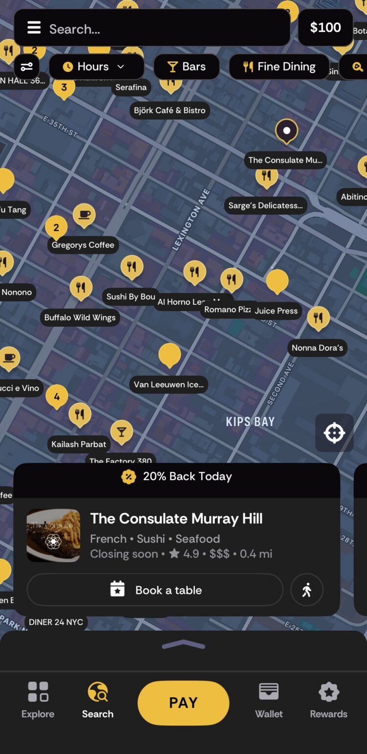 InKind app showing a map of participating restaurants in Manhattan, New York.