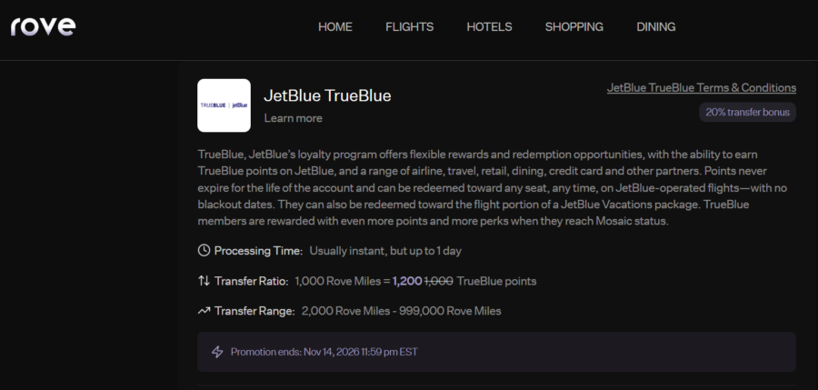 Rove transfer bonus to JetBlue TrueBlue