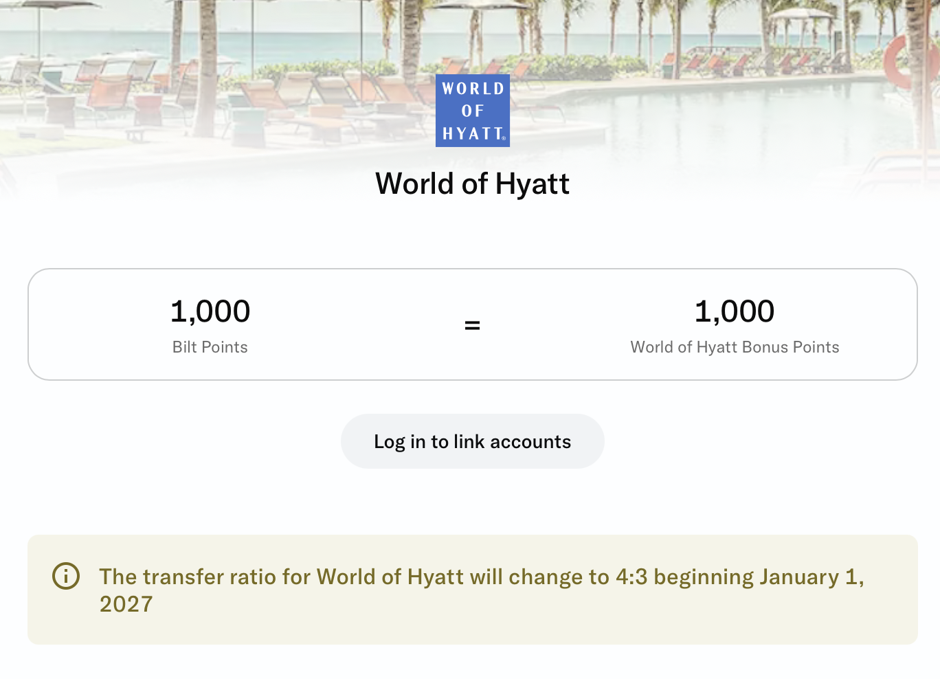 World of Hyatt transfer partner page on Bilt's website
