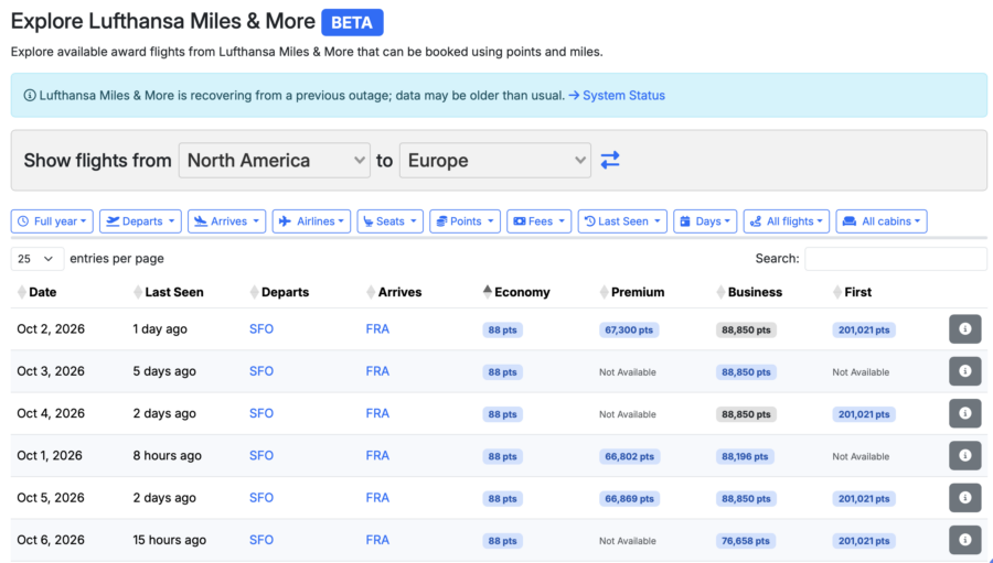 Seats.aero Explore tool showing Lufthansa awards from 88 miles each way