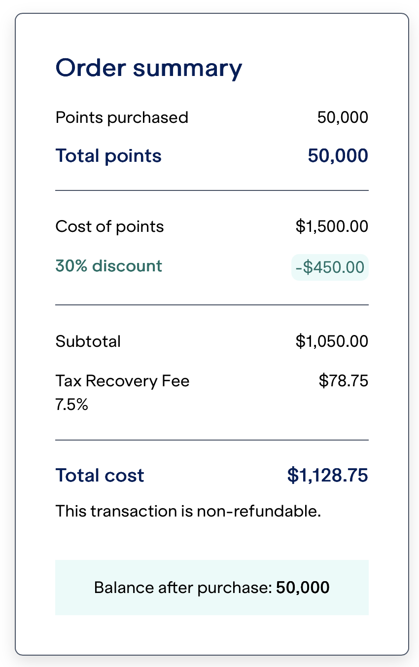 JetBlue buy 50,000 points order summary with discount