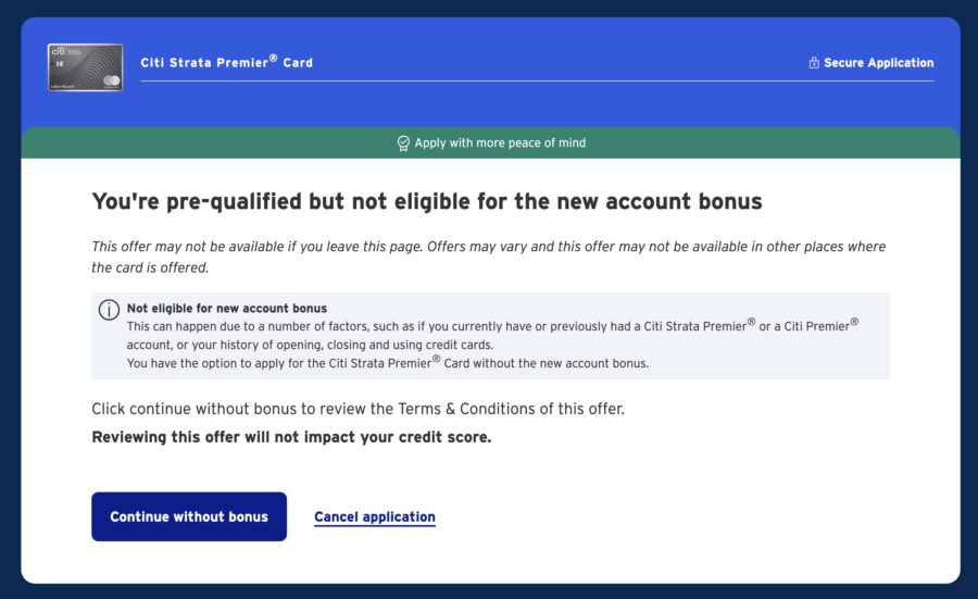 Citibank pop-up window showing pre-qualification for the card but no eligibility for the new account bonus