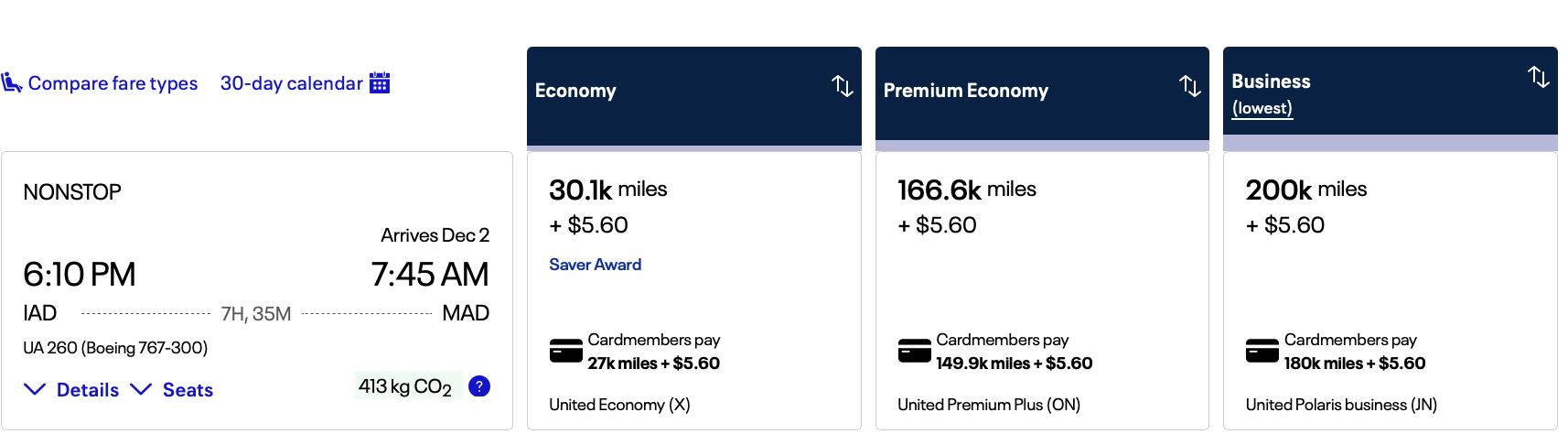 MileagePlus search result for flight from IAD to MAD